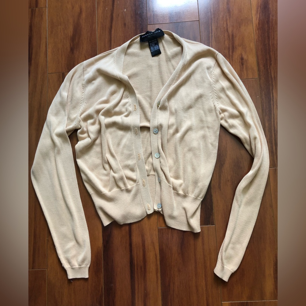 Light Cream Women's Button-Front 100% silk Cardigan Petite